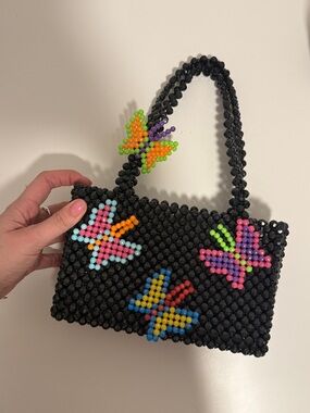 Susan Alexandra Black Beaded Shoulder Bag with Colorful Butterflies